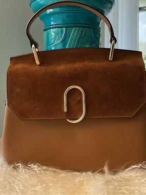 LeParmentier Structured Two-Tone Brown Suede & Leather Top-Handle Satchel